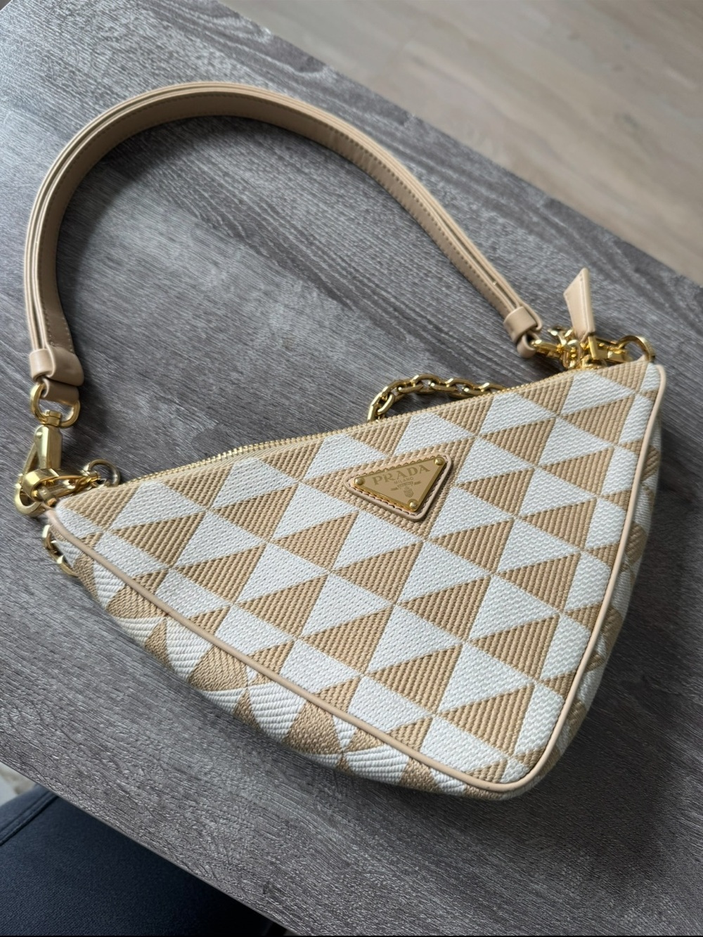 Prada Beige & White Triangle-Print Mini Shoulder Bag with Gold Chain - Picture 3 of 7